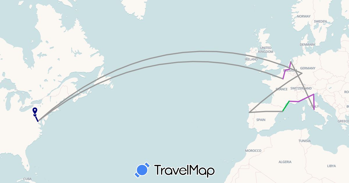 TravelMap itinerary: driving, bus, plane, train in Belgium, Germany, Spain, France, Italy, Monaco, Netherlands, Portugal, United States (Europe, North America)