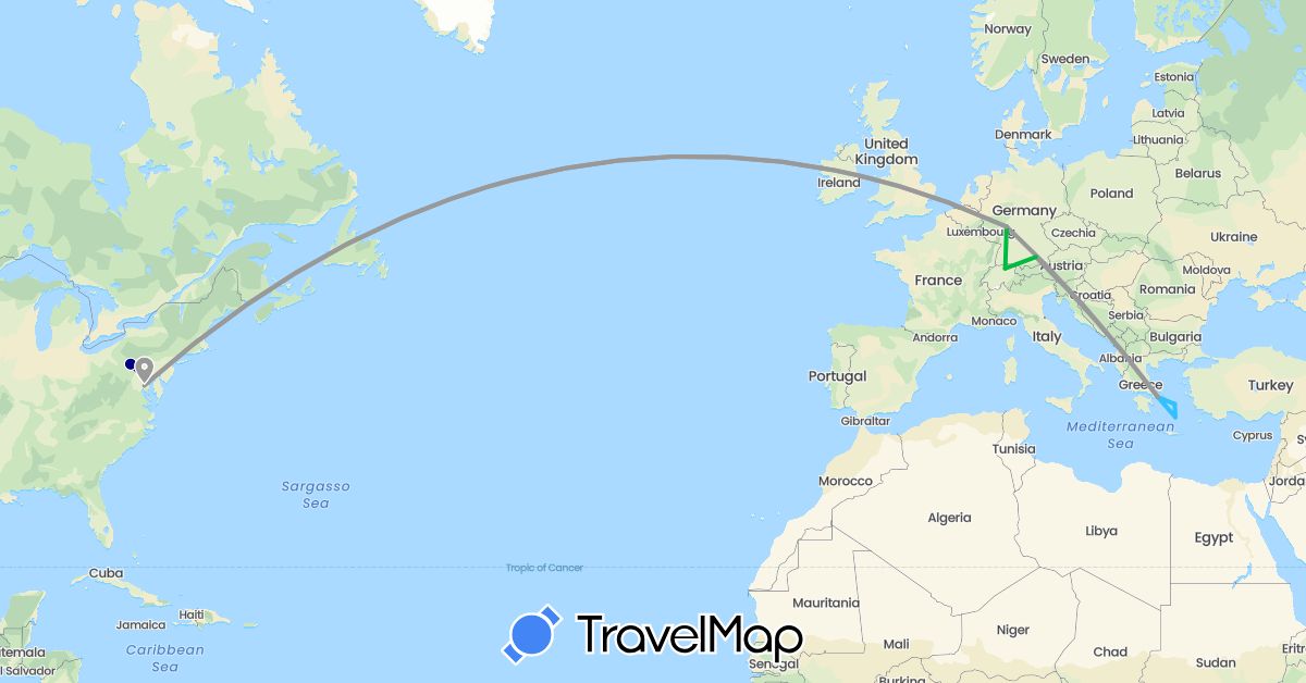 TravelMap itinerary: driving, bus, plane, boat in Switzerland, Germany, Greece, United States (Europe, North America)